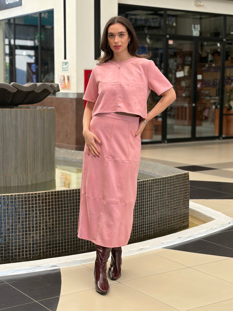 Set de 2 Piezas Blusa y Falda en Gamuza Rosa