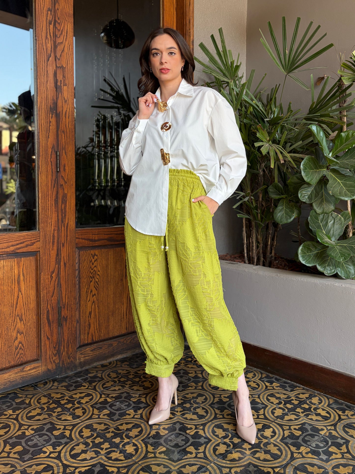 Pantalón Boho Texturizado Verde Lima