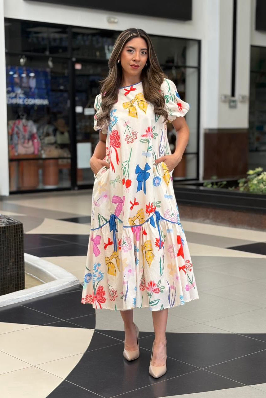 Vestido Midi con Estampado de Lazos y Flores