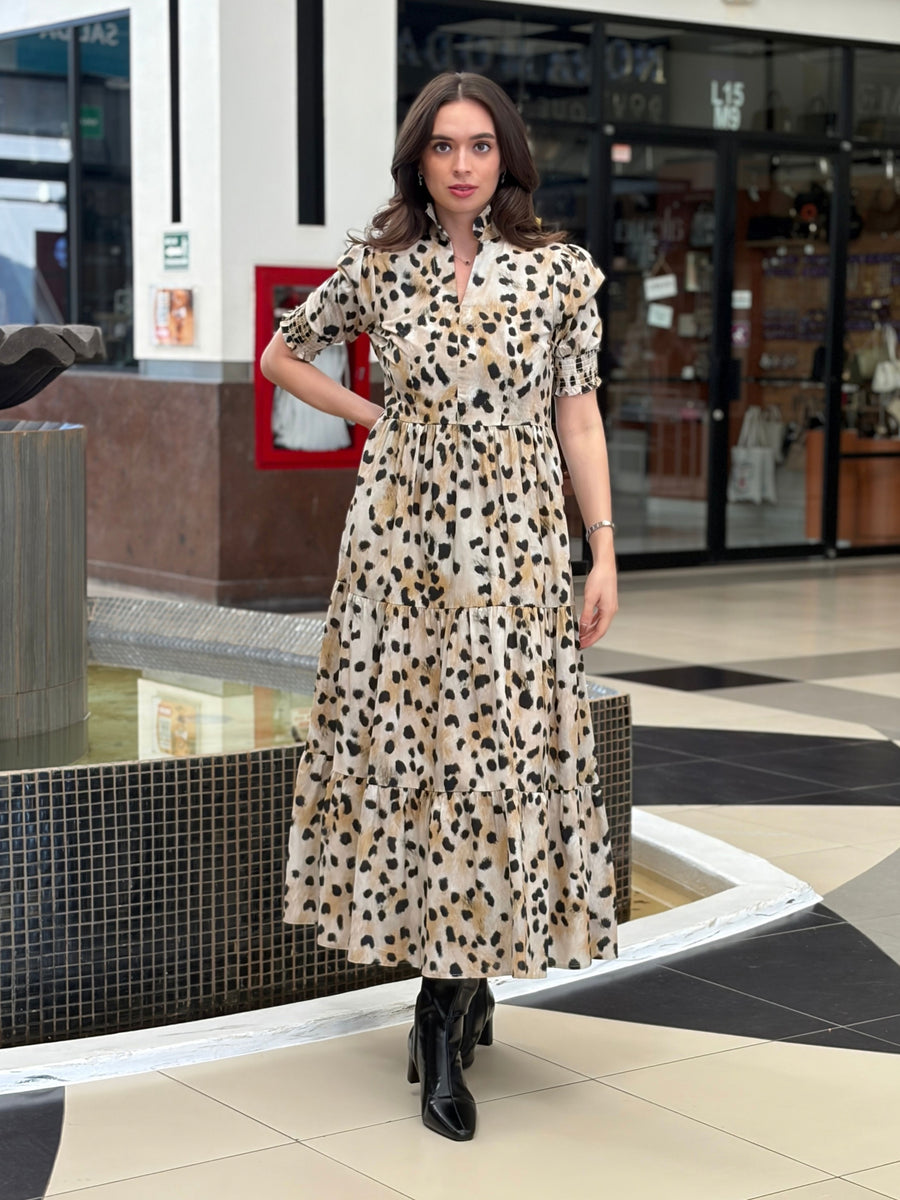 Vestido Midi/Maxi Leopard Spot con Cuello Fruncido