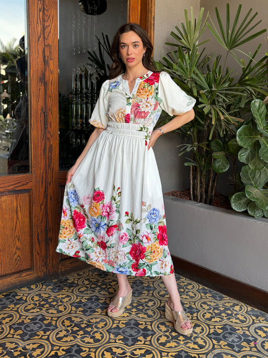 Vestido Midi Jardín Romántico con Resorte en Cintura