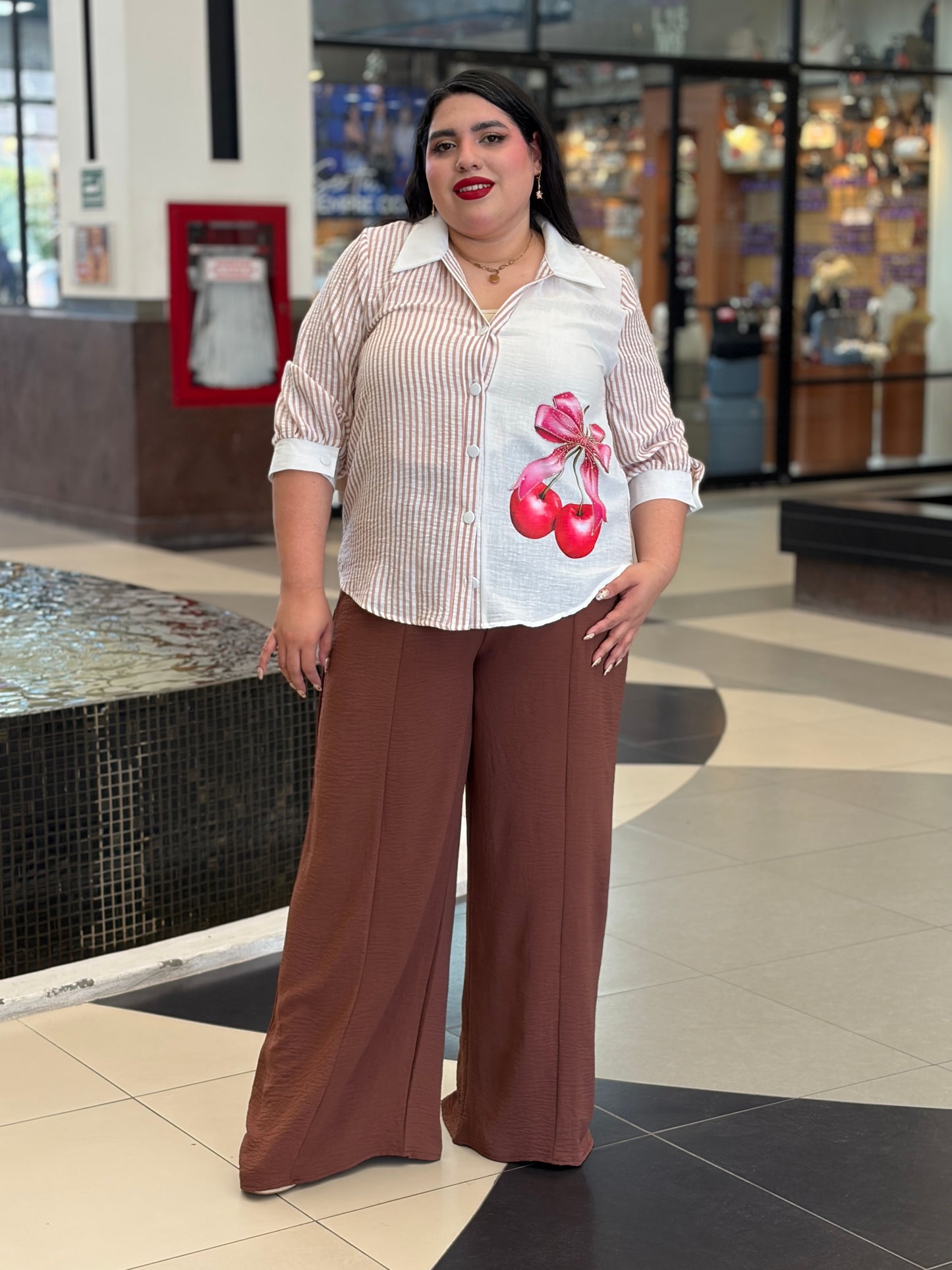 Camisa Panel Combinado a Rayas con Gráfico de Cerezas