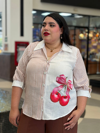 Camisa Panel Combinado a Rayas con Gráfico de Cerezas