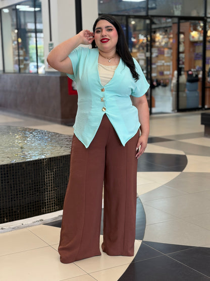 Blusa Escote en V Aqua con Botones Joya y Espalda Corsé