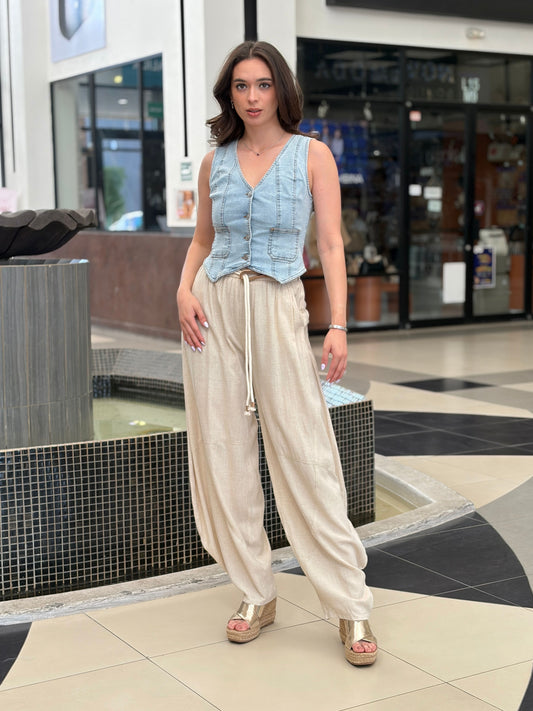 Pantalón de Tipo Lino con Silueta Bombacha y Cinturón de Cordón