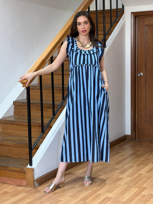 Vestido Midi a Rayas con Volantes y Tirantes