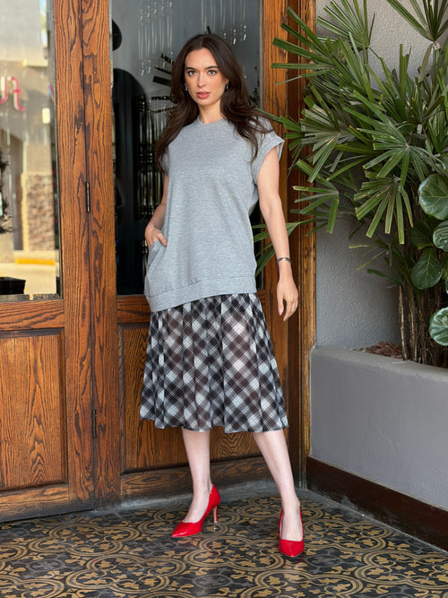 Vestido Combinado en Punto y Falda Plisada de Gasa