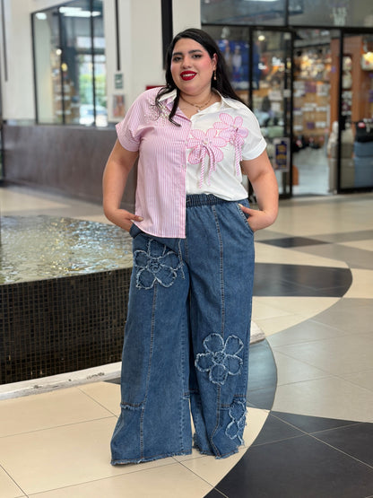 Jeans Palazzo Deslavados con Aplicación de Flores Rústicas