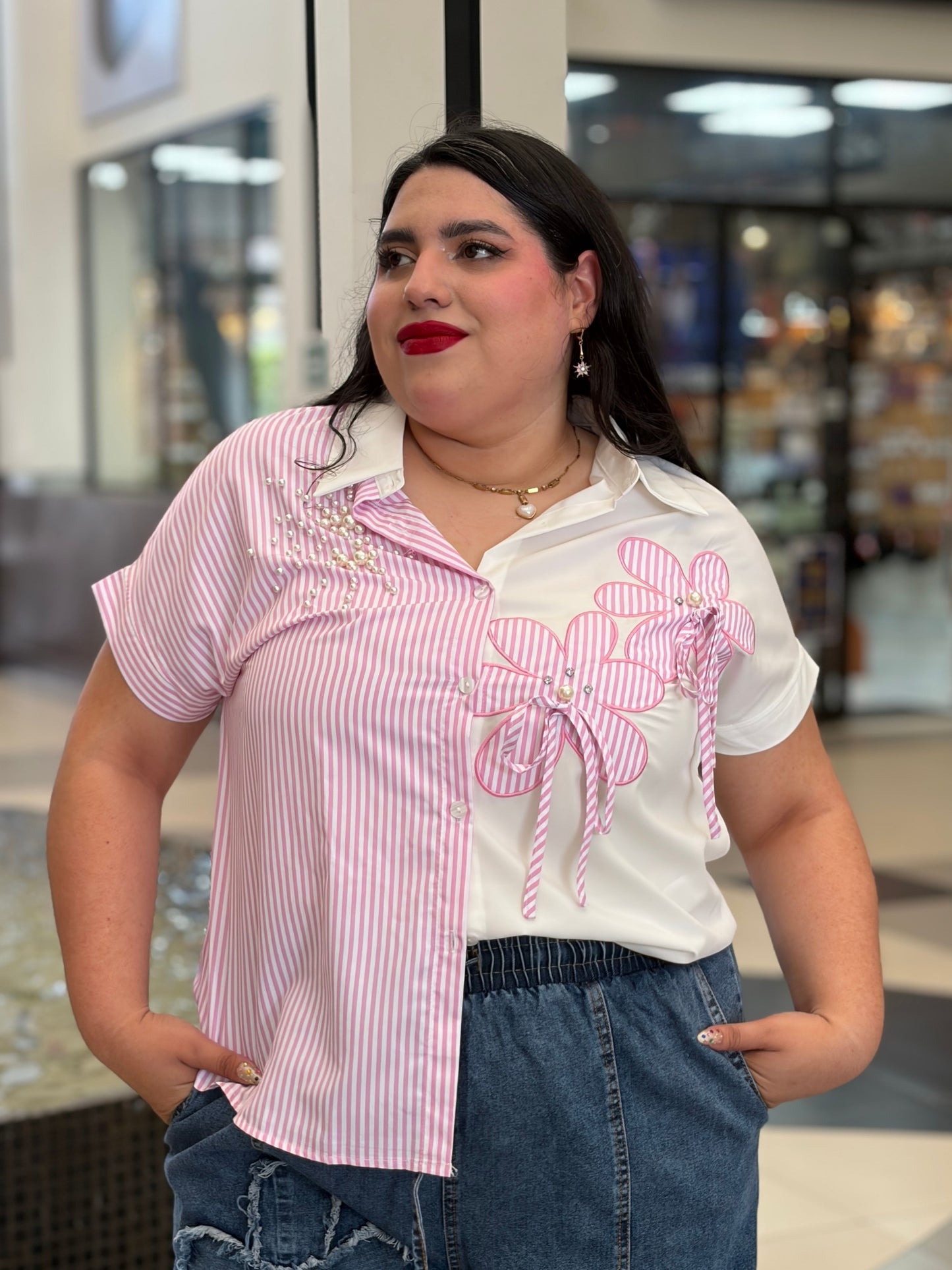 Blusa Camisera Patchwork con Lazos y Pedrería