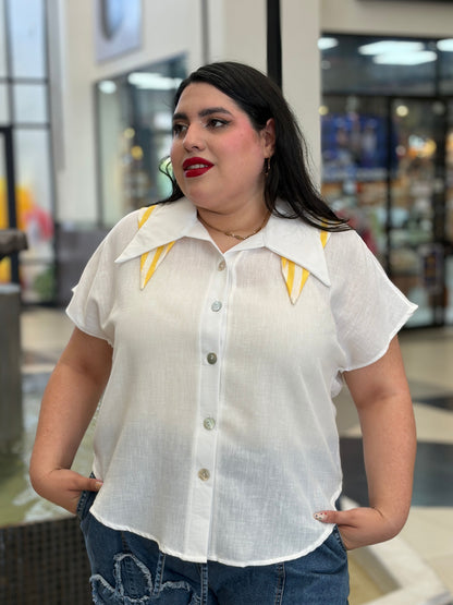 Blusa Camisera de Lino con Solapa Retro Amarilla
