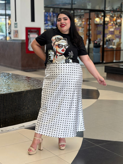 Falda Midi Satinada de Lunares Polka Dots en Blanco y Negro