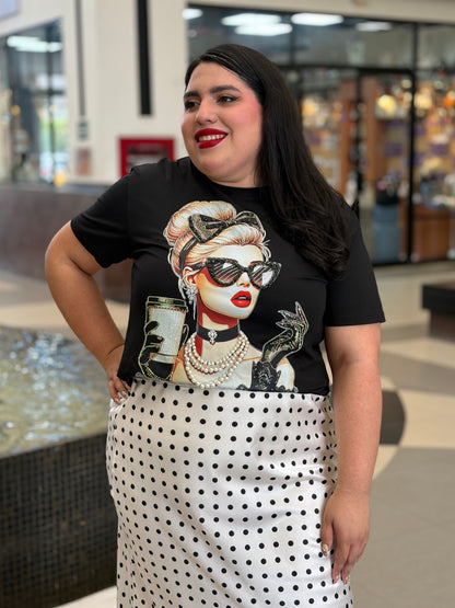 Falda Midi Satinada de Lunares Polka Dots en Blanco y Negro