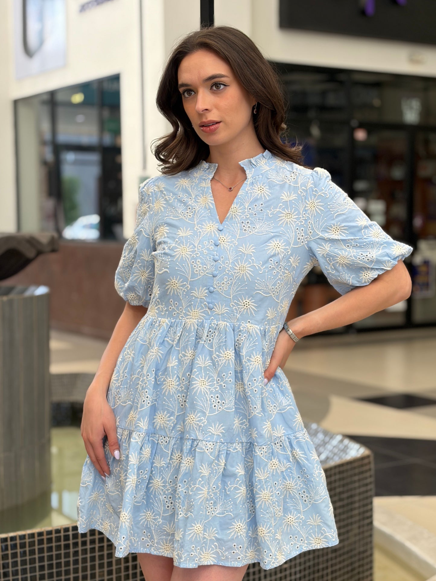 Vestido Mini Brocado Celeste Romantic