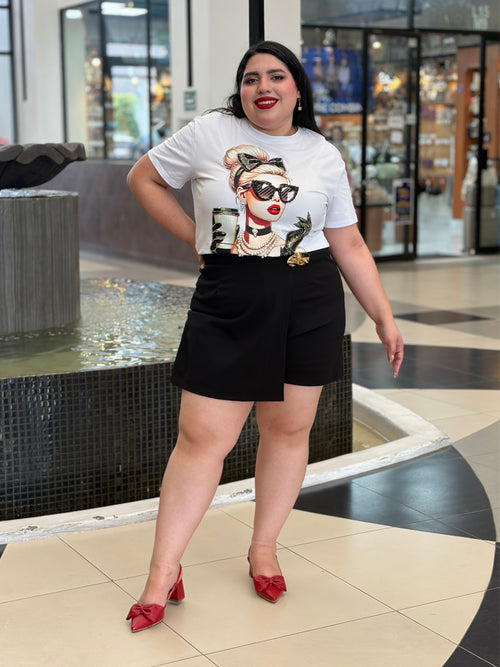 Skort de Tiro Alto Negro con Superposición Cruzada