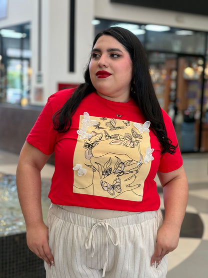 Camiseta Gráfica con Aplicación de Mariposas en Relieve