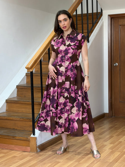 Vestido Camisero Midi con Estampado Floral Maxi