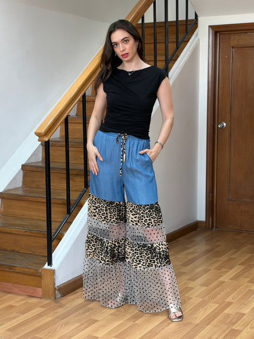 Pantalón Palazzo Fusion de Denim y Tul Estampado