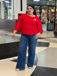 Blusa Roja Texturizada con Mangas Abullonadas y Broche