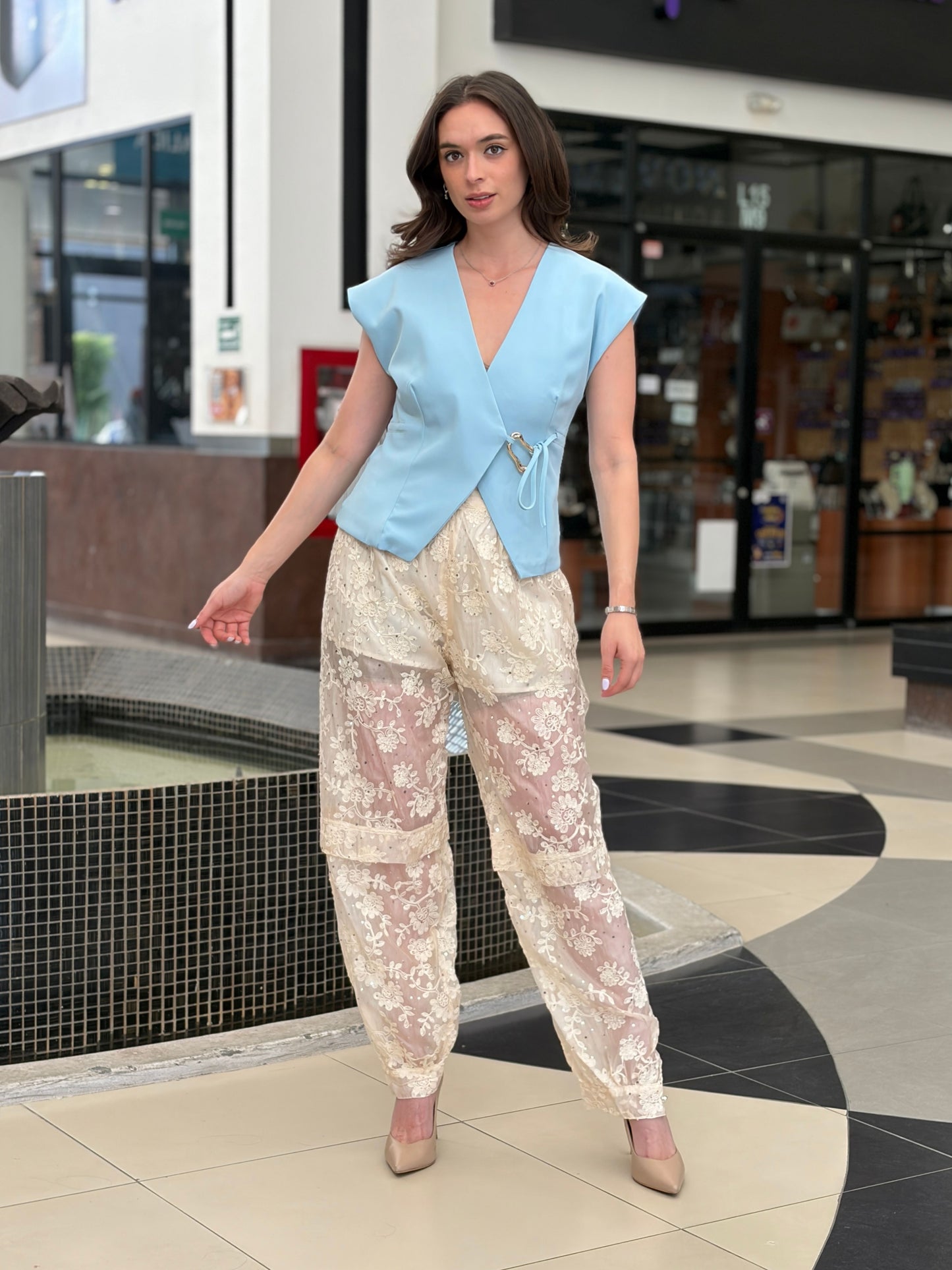Pantalón de Encaje Transparente con Lentejuelas
