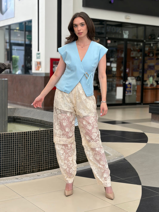 Pantalón de Encaje Transparente con Lentejuelas