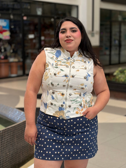 Chaleco Denim Floral Estilo Militar