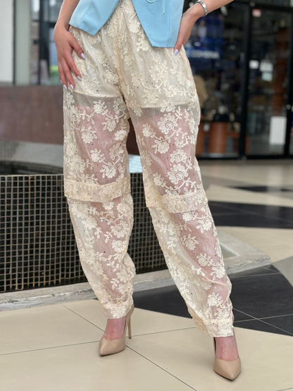 Pantalón de Encaje Transparente con Lentejuelas