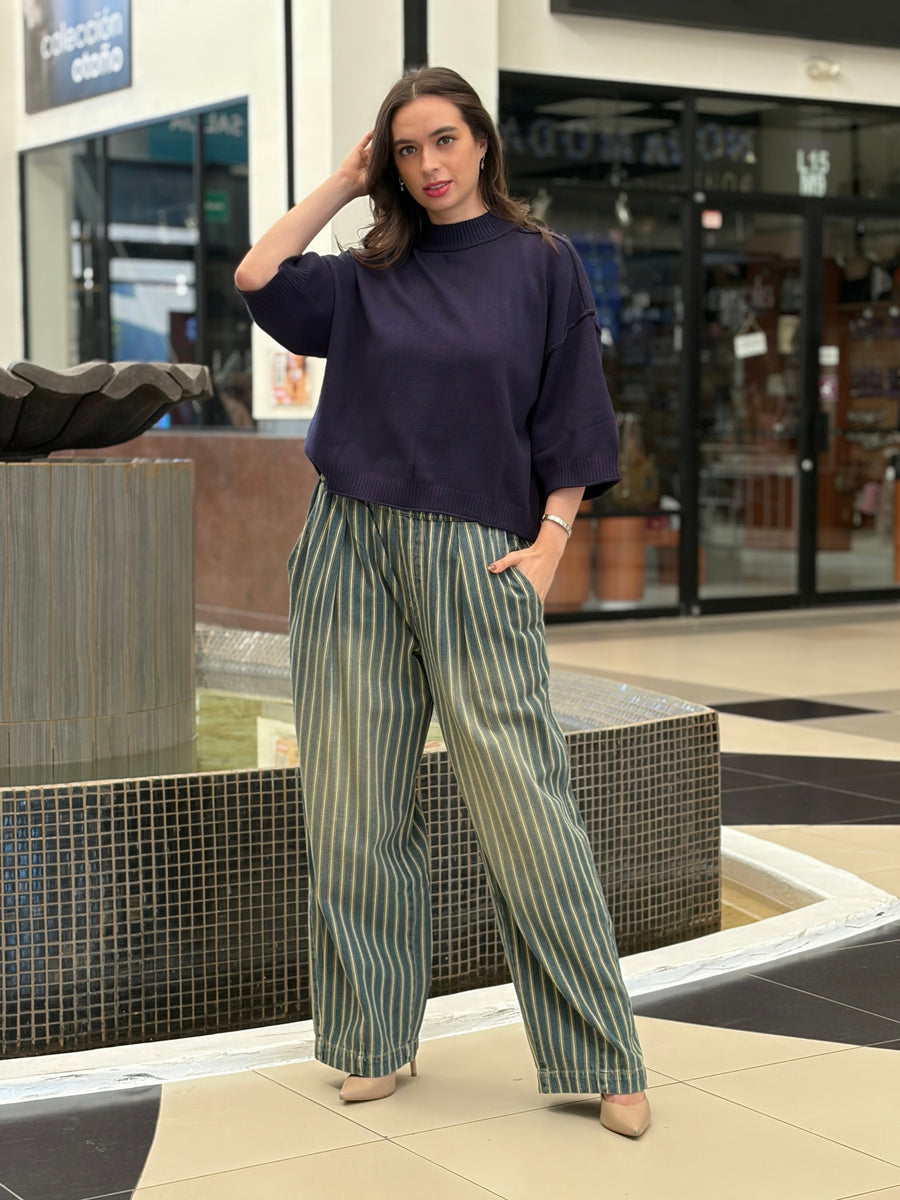 Pantalón Jogger a Rayas en Mezclilla Lavada