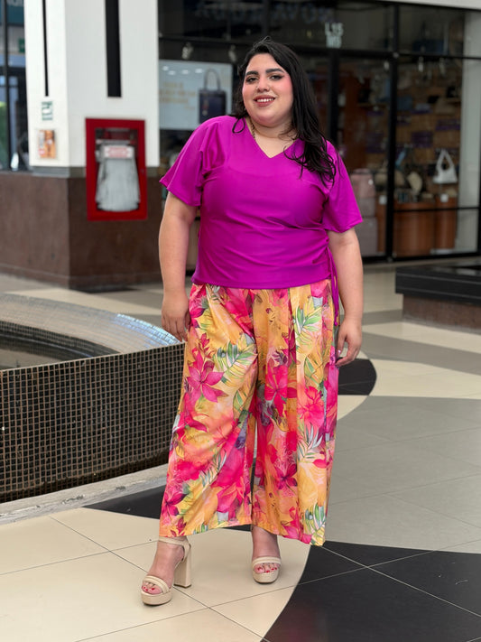 Pantalón Wide Leg con Estampado Floral Exótico