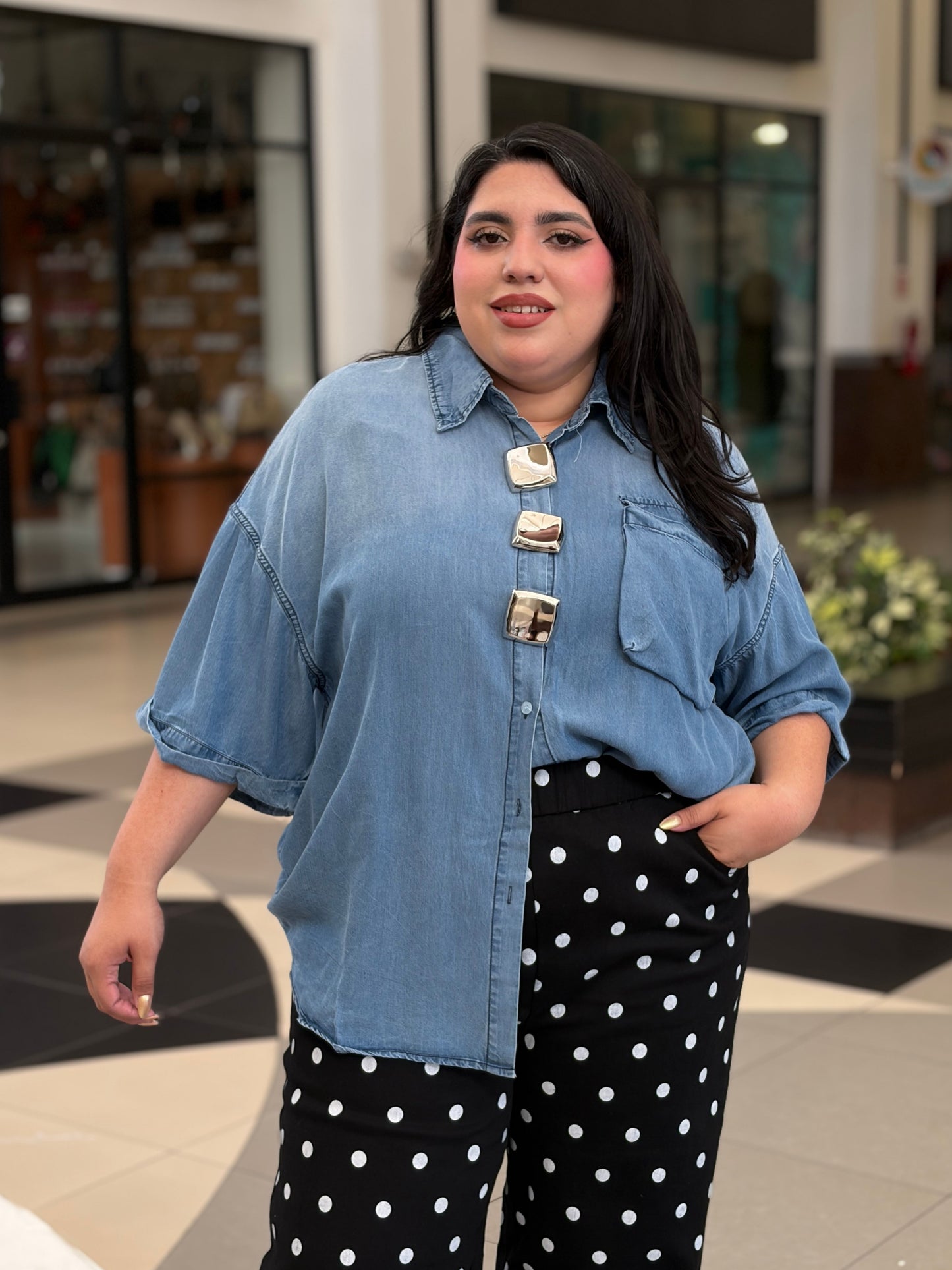 Blusa Denim Manga Corta con Botones Metálicos