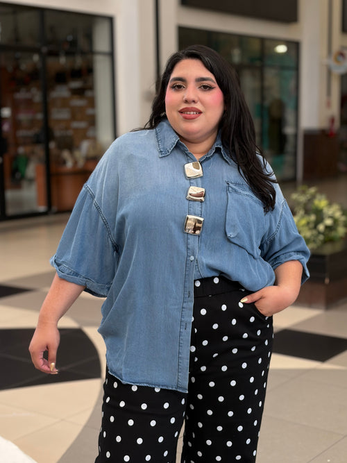 Blusa Denim Manga Corta con Botones Metálicos