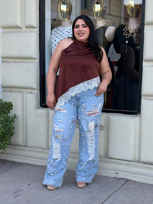 Blusa Asimétrica Satinada con Encaje