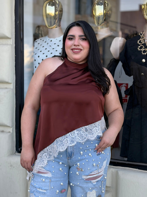 Blusa Asimétrica Satinada con Encaje