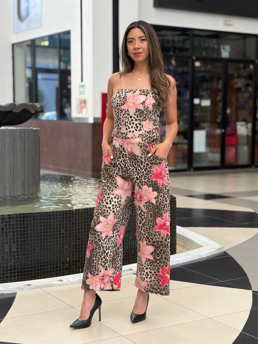 Jumpsuit de Pierna Ancha con Estampado de Leopardo y Lirios
