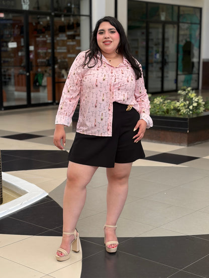 Camisa Rosa Manta con Estampado de Copas y Botellas de Champagne