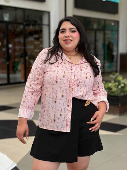 Camisa Rosa Manta con Estampado de Copas y Botellas de Champagne