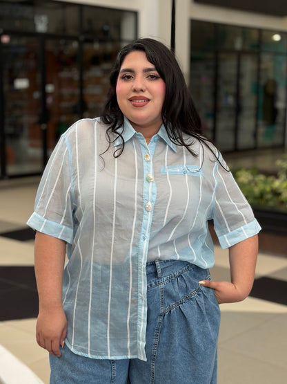 Camisa Delgado Rayada Azul y Blanco