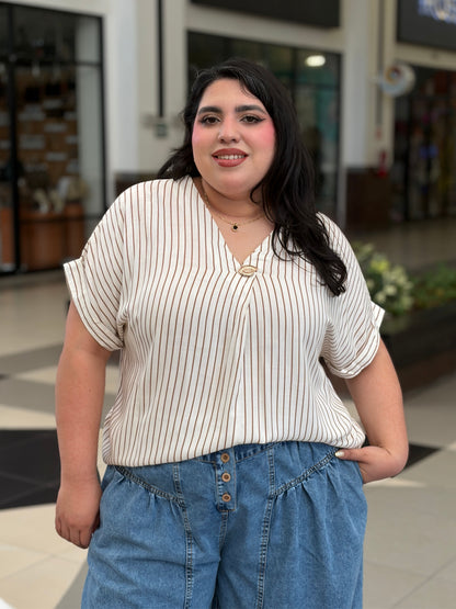 Blusa a Rayas Terracota con Aplicación Central