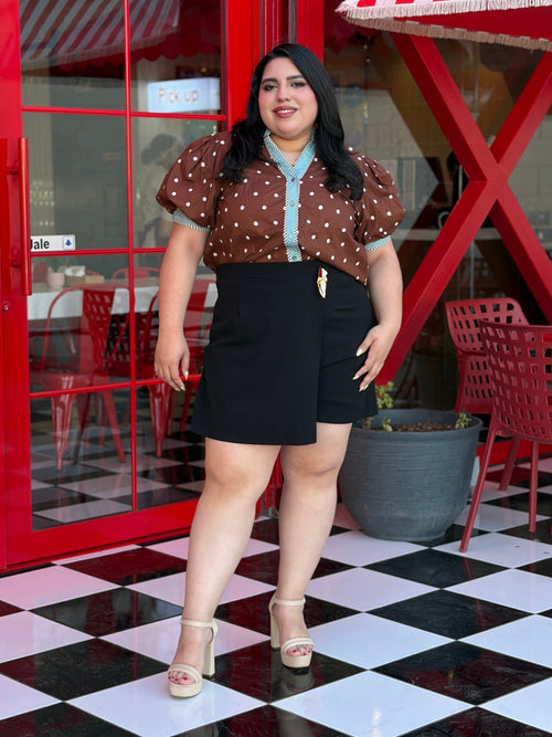 Blusa Marrón a Lunares con Mangas Abullonadas y Contraste