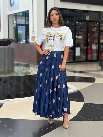 Falda Midi Plisada con Estampado Polka Dot en Azul Real