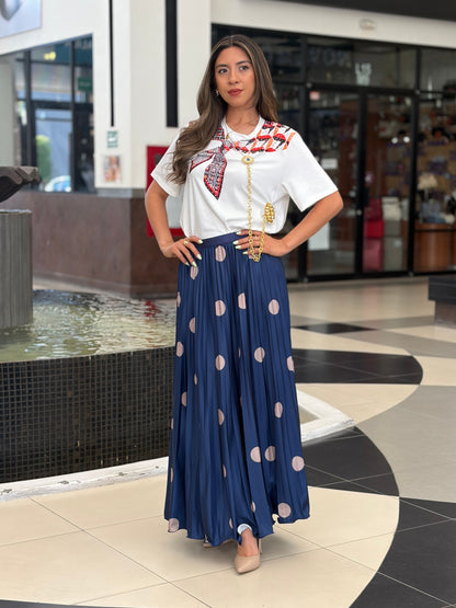 Falda Midi Plisada con Estampado Polka Dot en Azul Real