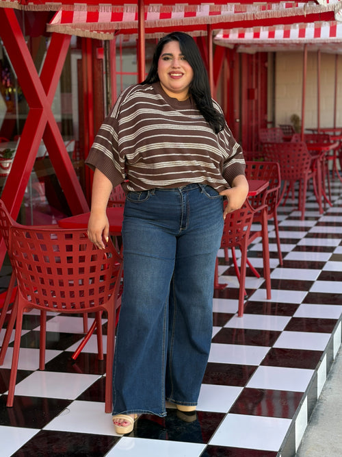 Blusa Marrón de Tejido de Punto a Rayas