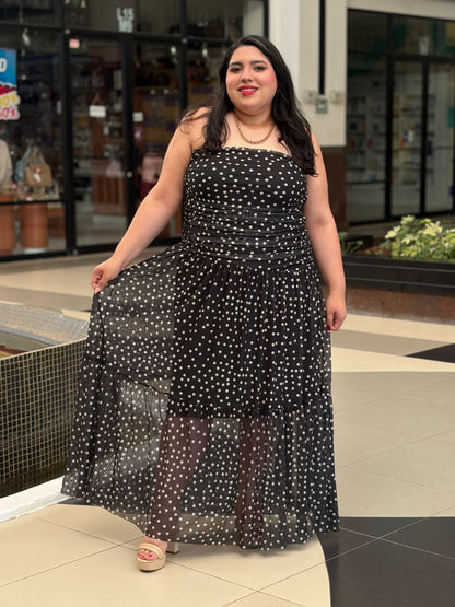 Vestido Strapless Tulle a Lunares Blancos