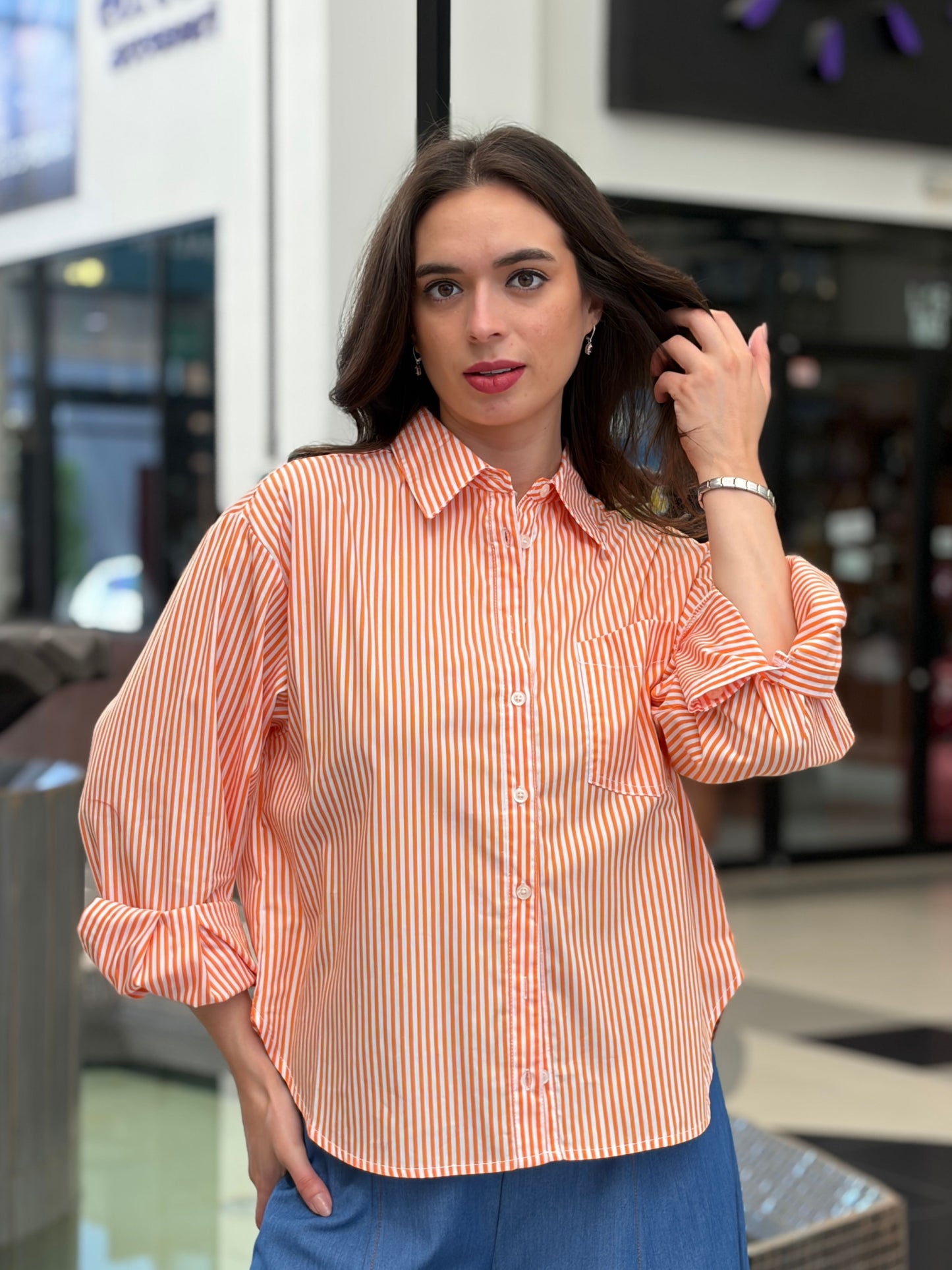Camisa Oversize a Rayas Naranja y Blanco