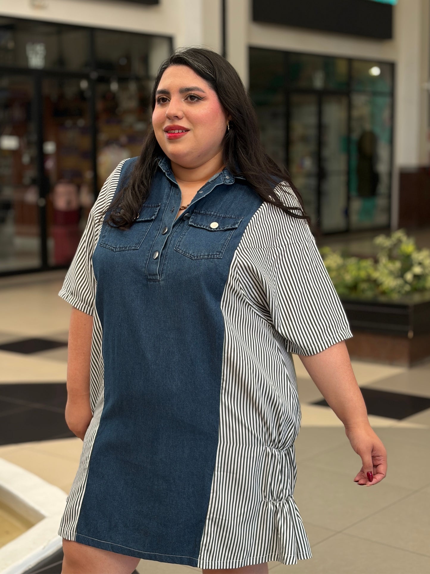 Vestido Combinado Mezclilla y Rayas