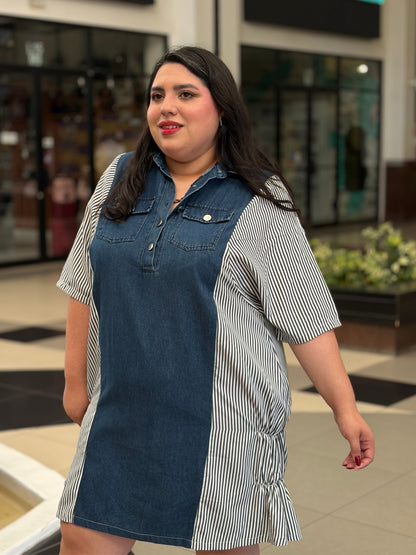 Vestido Combinado Mezclilla y Rayas