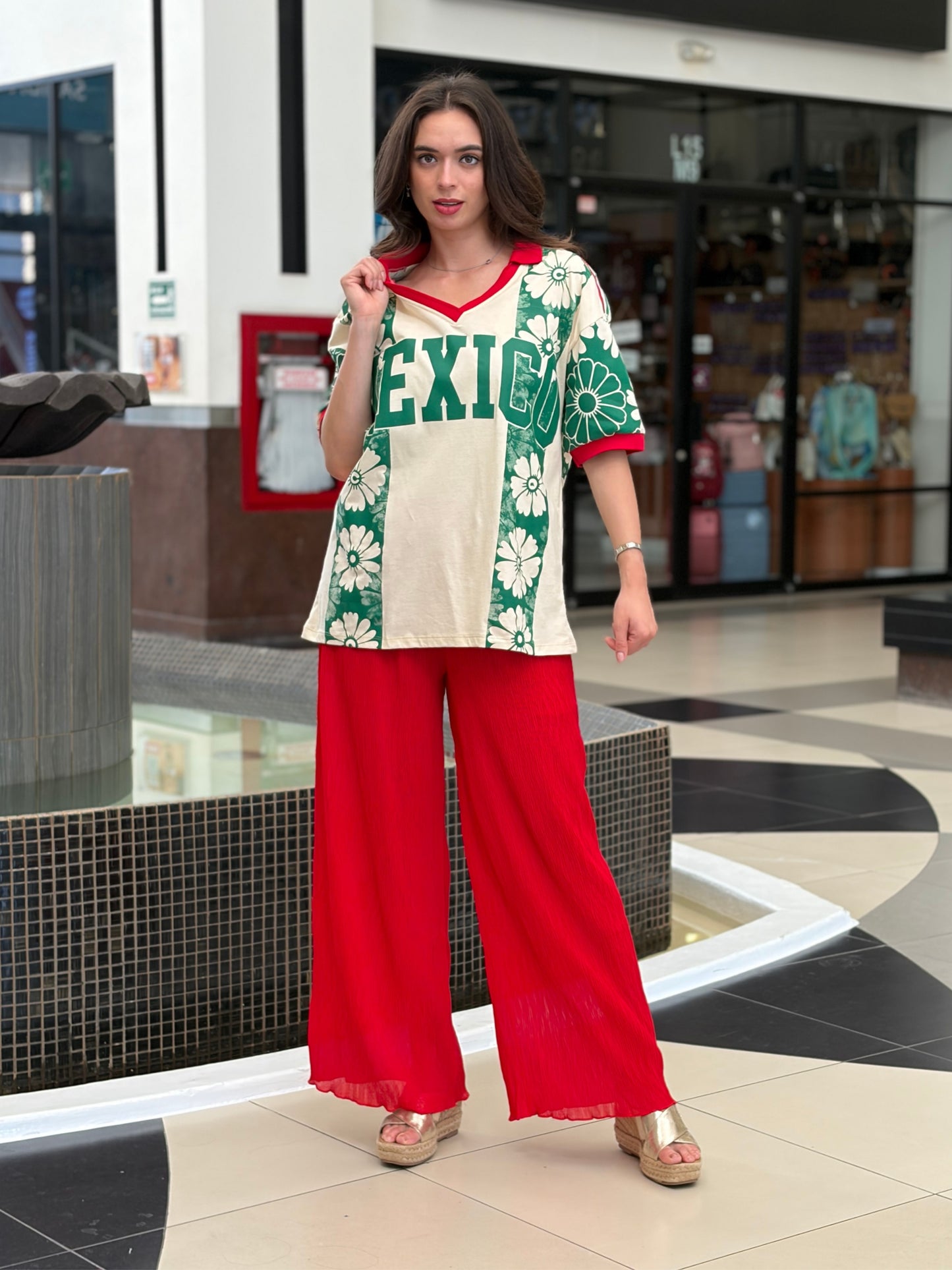 Playera Tipo Polo Retro "MEXICO" Flores Verdes