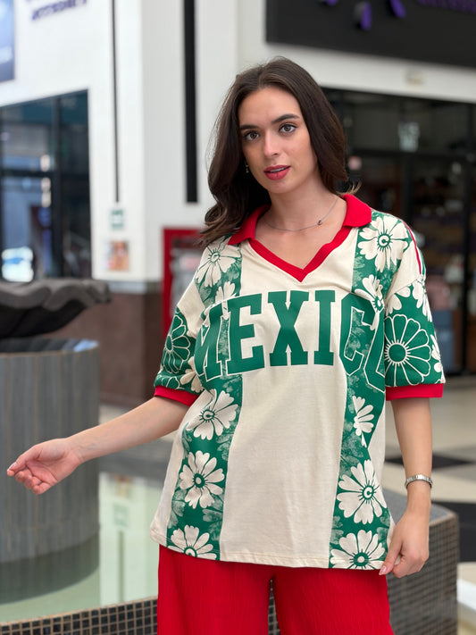 Playera Tipo Polo Retro "MEXICO" Flores Verdes