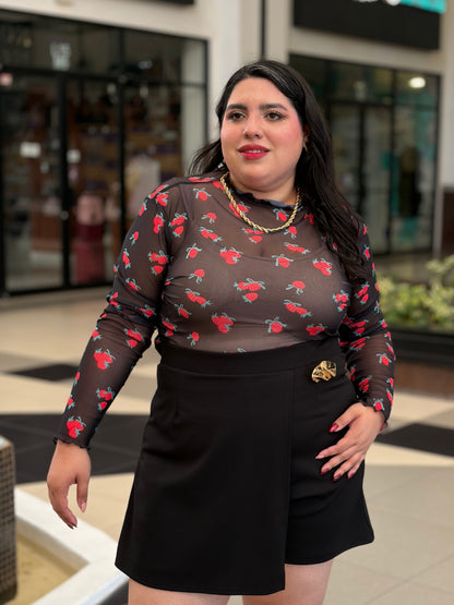 Blusa Malla Translúcida con Estampado de Fresas