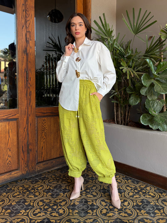 Pantalón Boho Texturizado Verde Lima