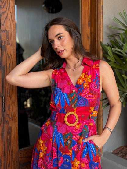 Vestido Camisero Tropical con Cinturón de Rafia